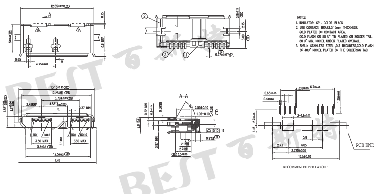 USB插座USB-MC-001-08全貼參考圖紙