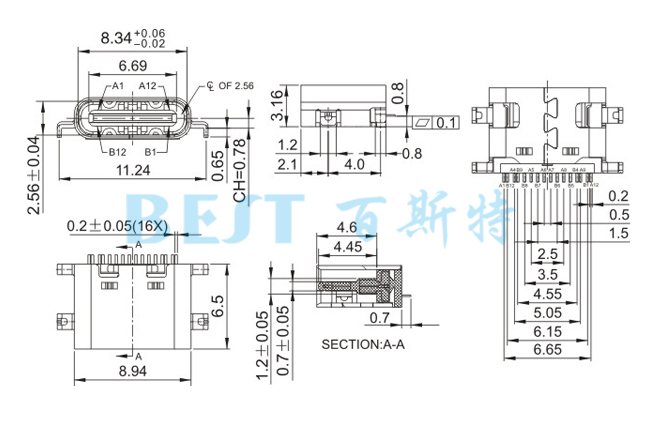 USB插座USB-C-08 16PIN沉板參考圖紙